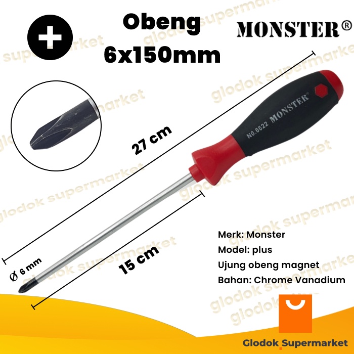 Obeng Plus 6 inch Monster Diameter 6mm Panjang Besi 15cm Magnet