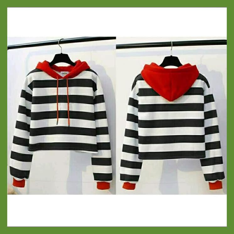 MICHELLESTORE SWEATER WANITA CROP HOODIE SALUR KOMBINASI KUPLUK MERAH - PUTIH