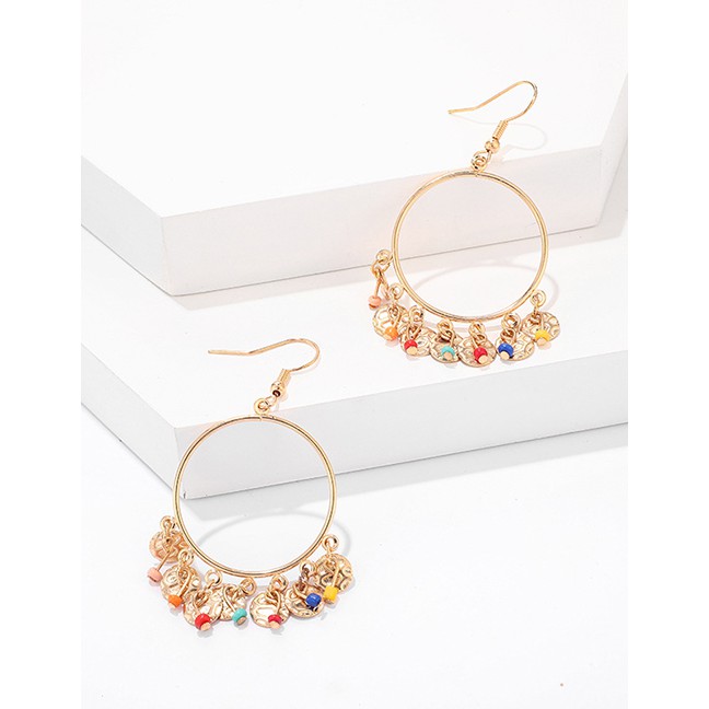 LRC Anting Gantung Fashion Color Geometric Alloy Round Wafer Beads Tassel Earrings F94582