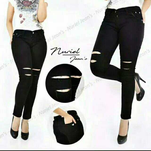 Celana jeans sobek wanita Original Gn 27-38 hitam navy