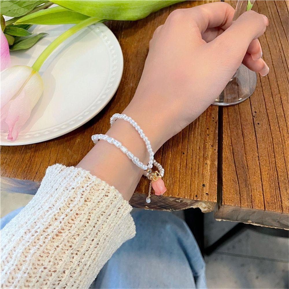 Lily Mutiara Gelang Wanita Fashion Pesta Romantis Bunga Manis Double Layer Rantai Tebal