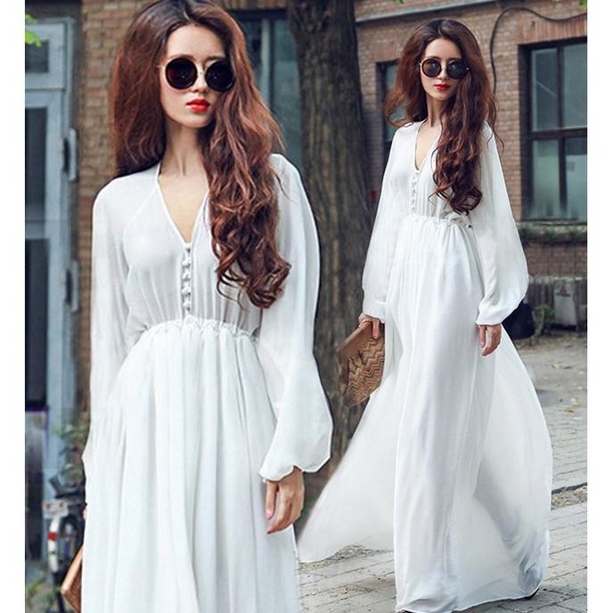 Long Dress Maxi Sifon Longgar V-Neck Lengan Panjang Pinggang Karet