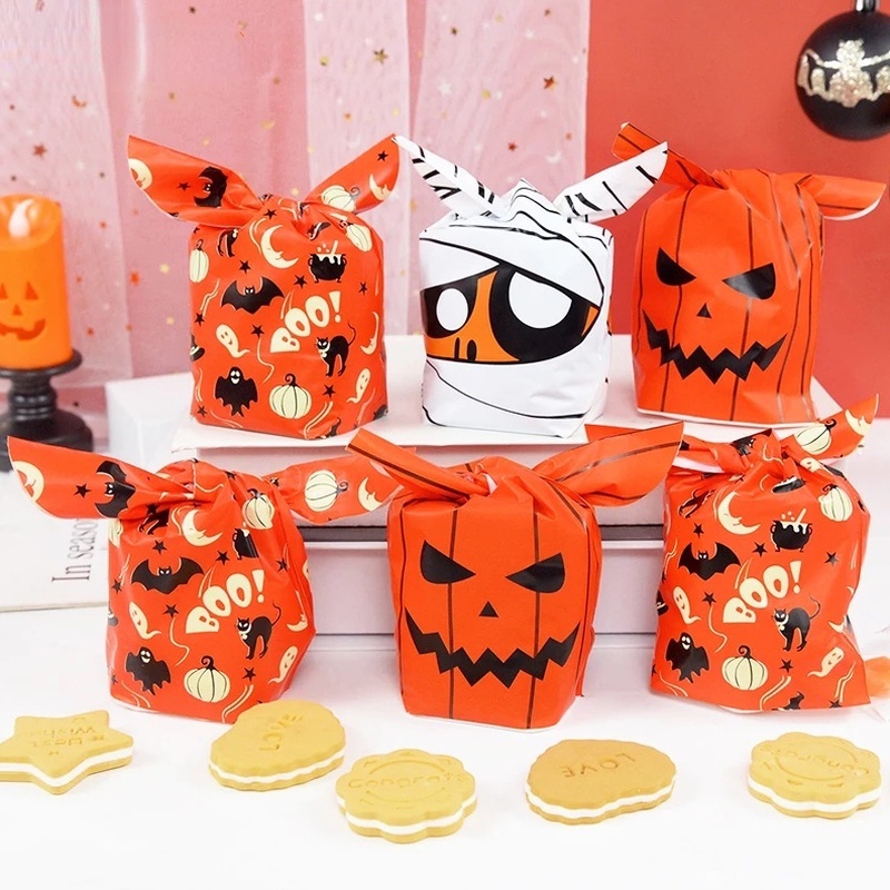 50pcs Tas Permen / Snack / Biskuit Desain Telinga Kelinci / Labu / Iblis DIY Untuk Dekorasi Pesta Halloween