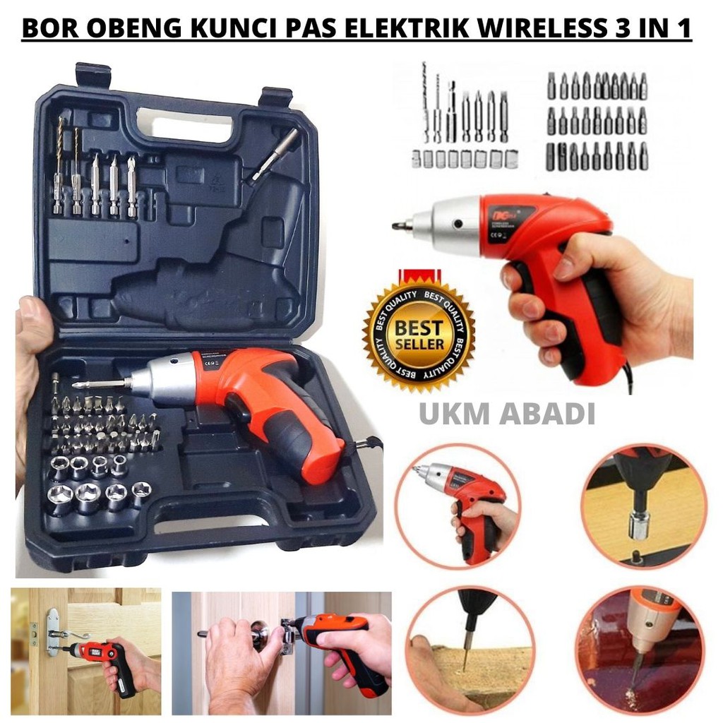 Bor Obeng Kunci Pas Elektrik 3 in 1 Cordless Multifungsi 45 PCS Bag With Senter LED 111156