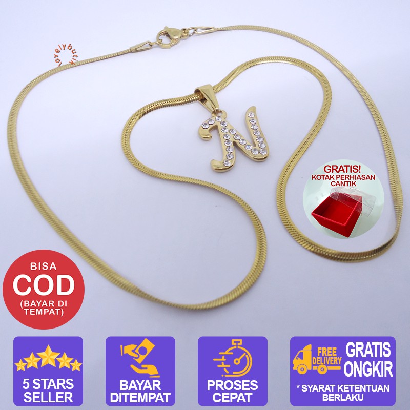 Lovelybutik Honey Kalung Huruf Titanium Anti Karat Inisial N Uk 45 cm BONUS KOTAK PERHIASAN