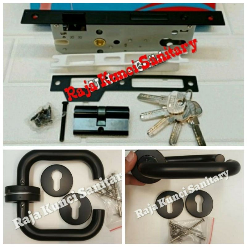 Paket Lengkap Handle Roses Hitam/Black+Kunci Hitam/Black+Cylinder Black Stainless Stell/Gagang Pintu