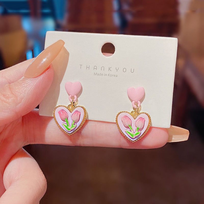 Anting Tusuk Gantung Bahan Sterling silver 925 Desain Bunga Tulip Pink Untuk Wanita