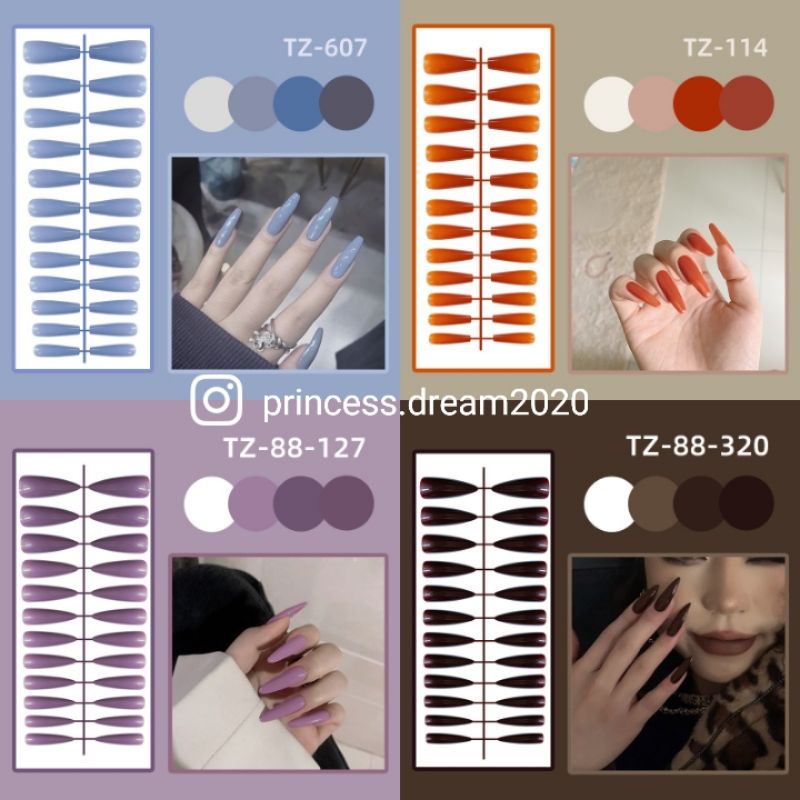 Fake Nail Art Polos Panjang Party Event Wedding Kuku Palsu 24pcs + Lem Jari Tangan Kuku Wanita Korea