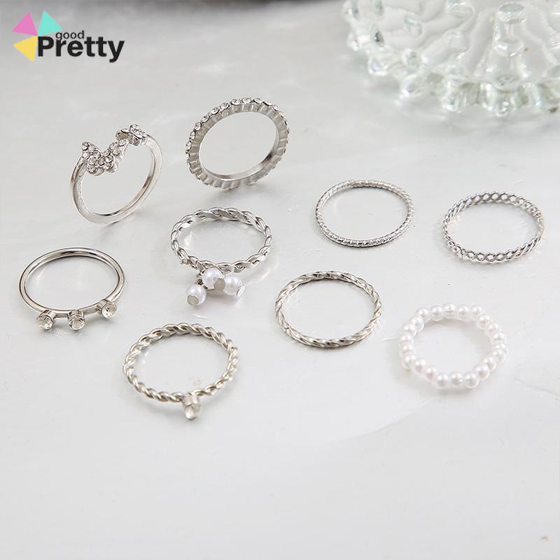 9PCS Set Cincin Wanita Tipis Berongga cincin Mutiara Kristal Kupu-kupu Berlian Premium Knuckle Ring