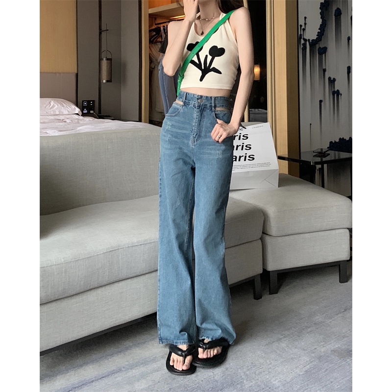 Gaya Korea Jeans Cutout Jeans Wanita Retro Pinggang Tinggi Longgar Lurus Celana Musim Panas Desain N