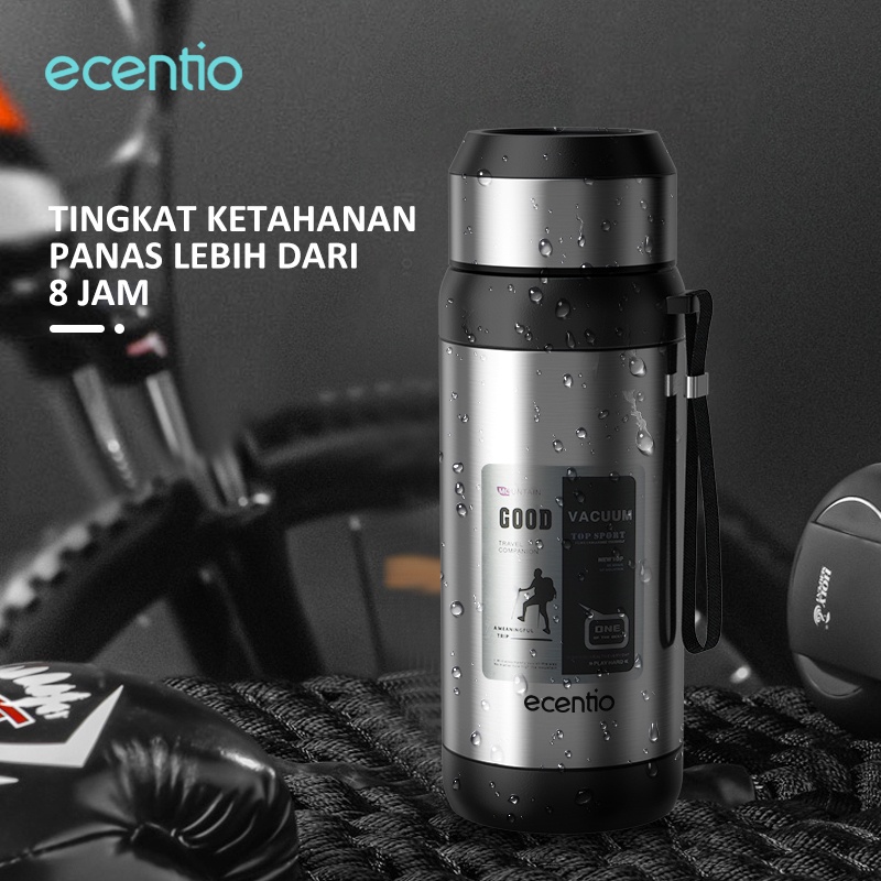 ecentio &amp; FOODI Termos air panas stainless steel Anti bocor LED 1000ml /stainless steel perak with detachable band/Vacuum Flask Vacuum silver