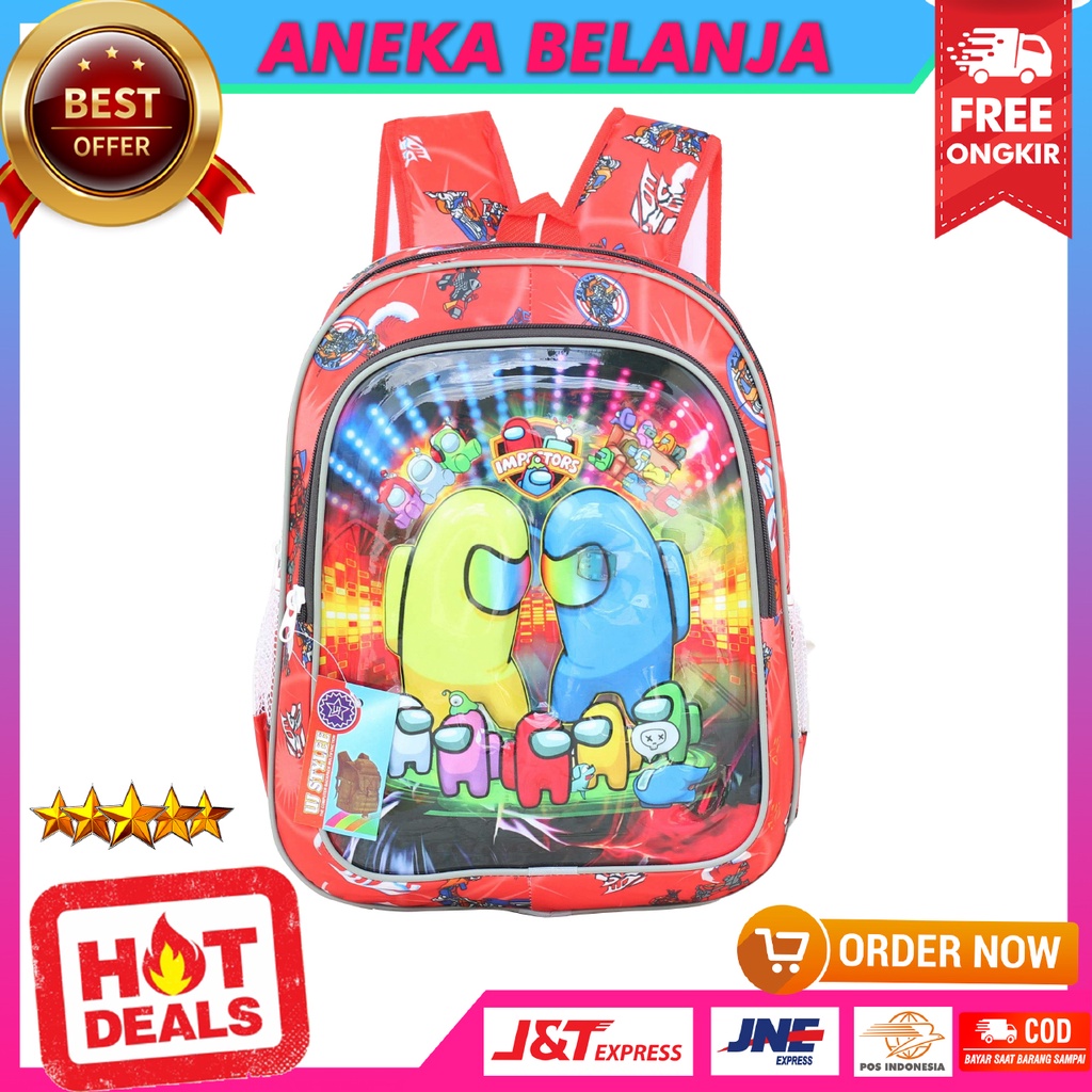 Ransel Anak Laki-Laki Motif Lampu Among Us Warna Merah Lucu Imut Cocok Untuk Sekolah Multifungsi