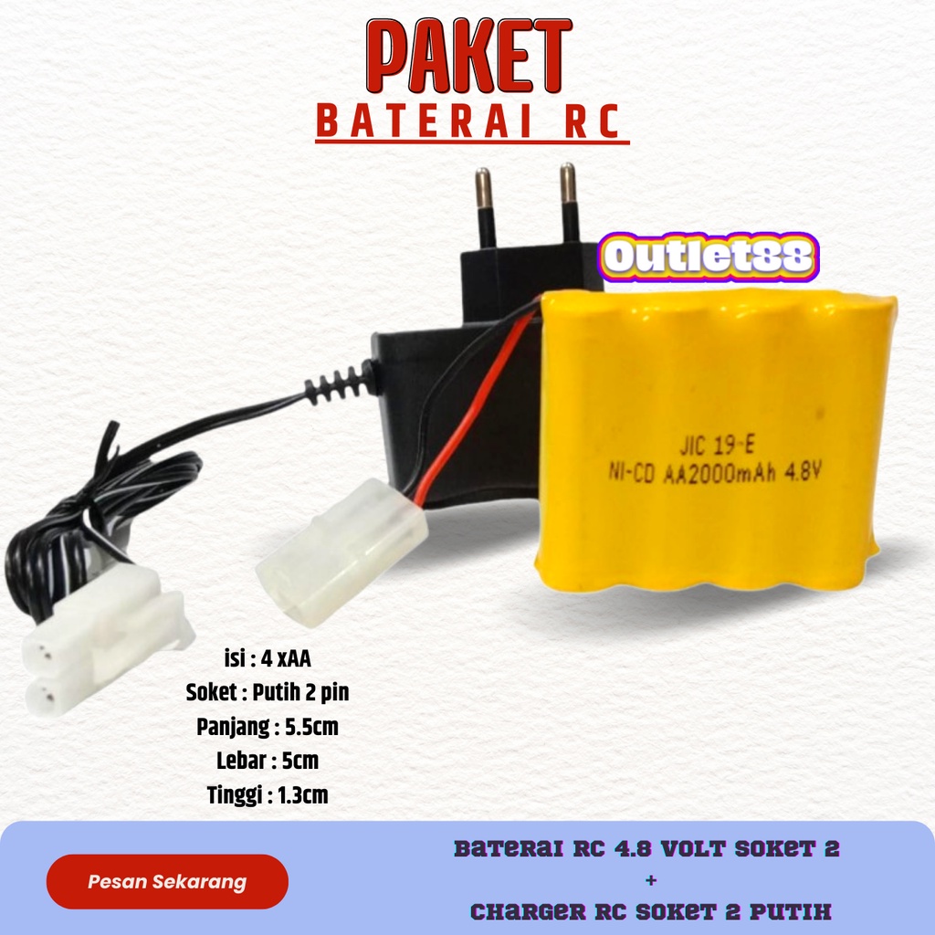 Paket Charger dan Baterai Mobil Remote Control RC 4AA Ni-Cd 4.8v - 2000mAh Socket Putih 2pin Batre R