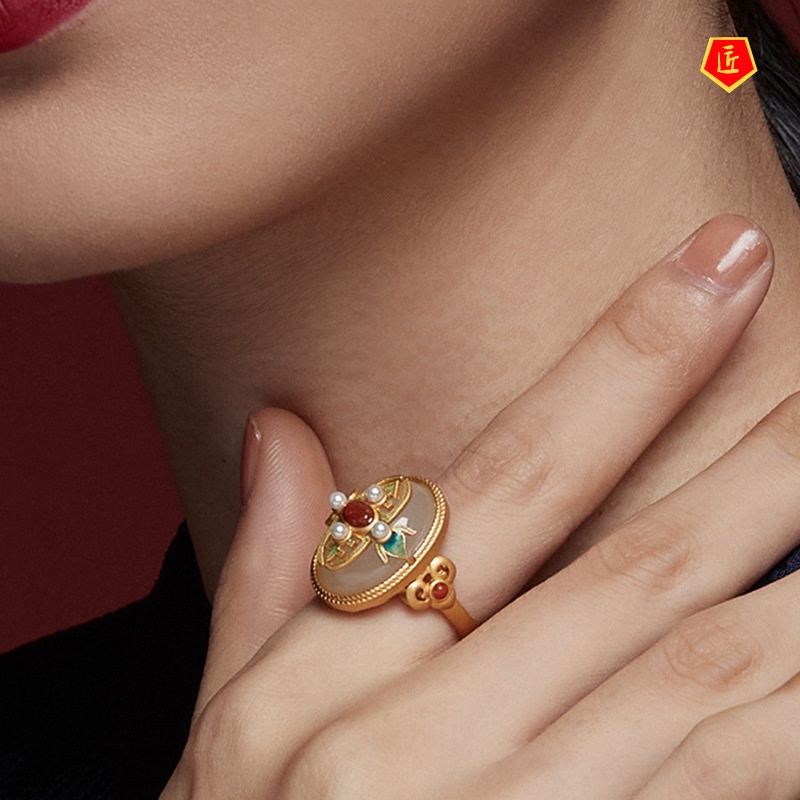 [Ready Stock]Hetian Jade Gold Ring Retro Elegant