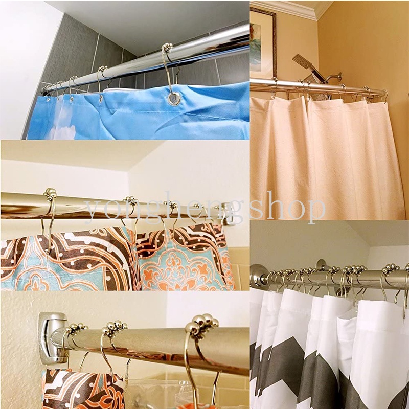 12pcs / set Kait Tirai Kamar Mandi Bahan Stainless Steel Anti Karat Dengan 5 Ring Roller