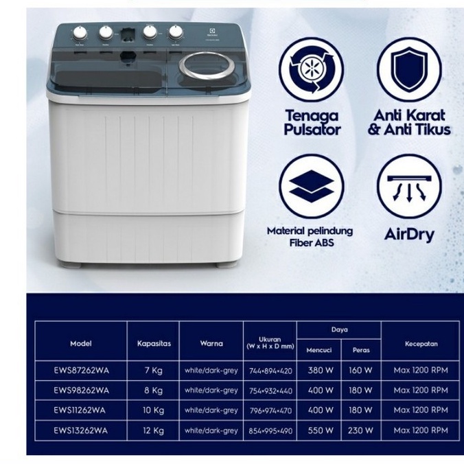 MESIN CUCI ELECTROLUX EWS 13262 WA 12KG EWS13262WA 2 TABUNG GERMAN TEC