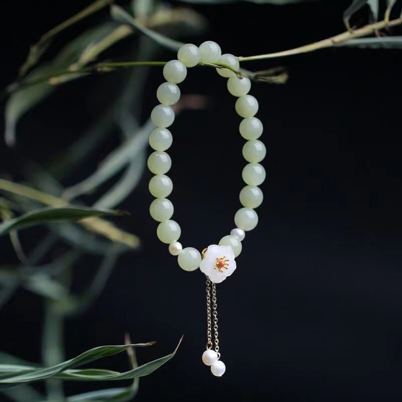 Gelang Tangan Manik-Manik Batu Jade Hetian Natural Aksen Buah Ceri Untuk Wanita ACKER