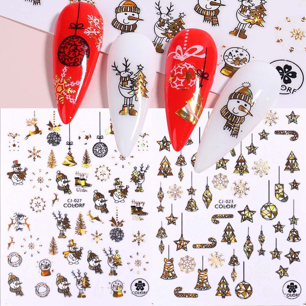 Mxbeauty Stiker Laser Holografik 3d Motif Kartun Santa Snowman Snowflake Rusa Natal Warna Emas Untuk Dekorasi Nail Art