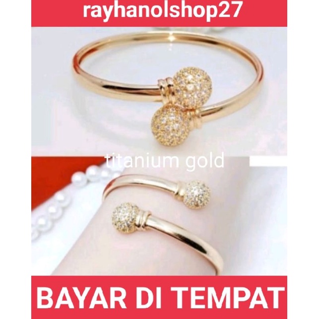Perhiasan wanita cantik warna gold tersedia gelang tangan dan cincin titanium motif pilihan anti karat lapis emas gold