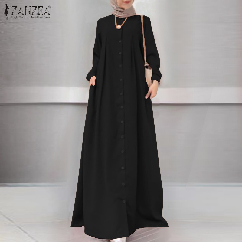 ZANZEA Women Solid Color Side Pockets Button Cuffs Muslim Maxi Dress