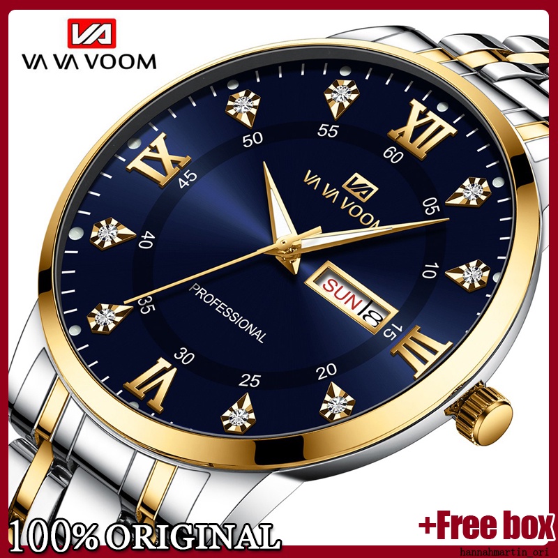 VAVA VOOM Jam Tangan Pria Quartz Anti Air Original  Tanggal Luxury Stainless Steel