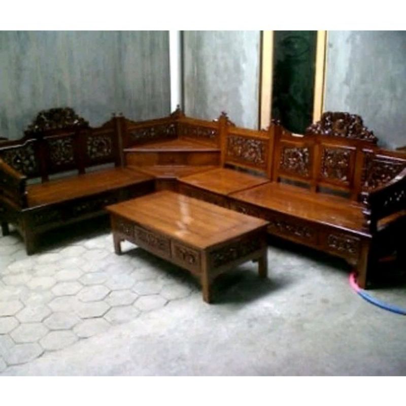 Kursi tamu sudut model L ukir kayu jati meja kursi ukir