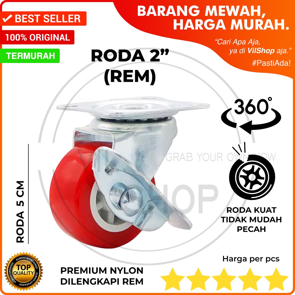 RODA ETALASE REM CASTER WHEEL 2 INCH 5 CM PREMIUM RED NYLON RODA STEALING STELING ETALASE KACA UNTUK