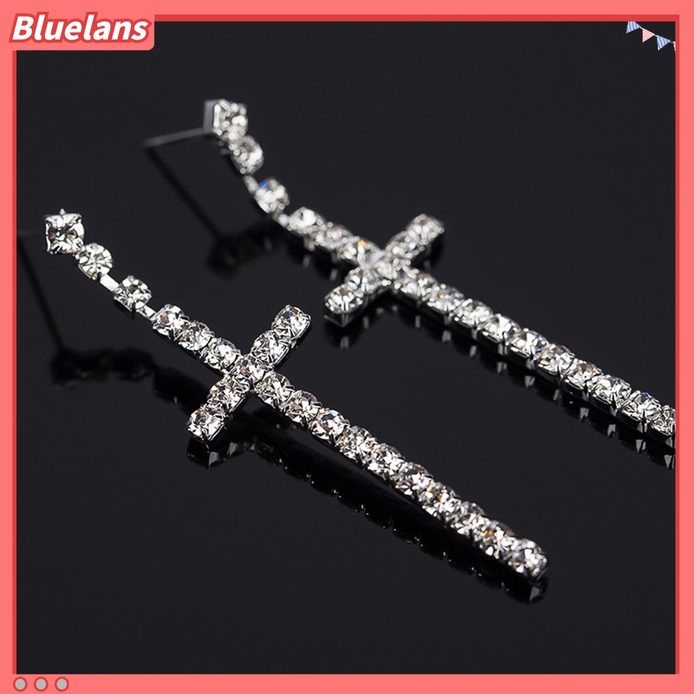 Bluelans Women Rhinestone Cross Pendant Single Double Rows Dangle Eardrop Stud Earrings