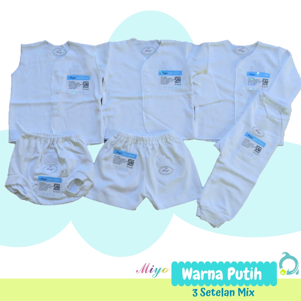 MIYO 3 Stelan Mix (Panjang + Pendek + Kuntung) Putih Size Newborn | 3-6 Bulan (1 Paket)