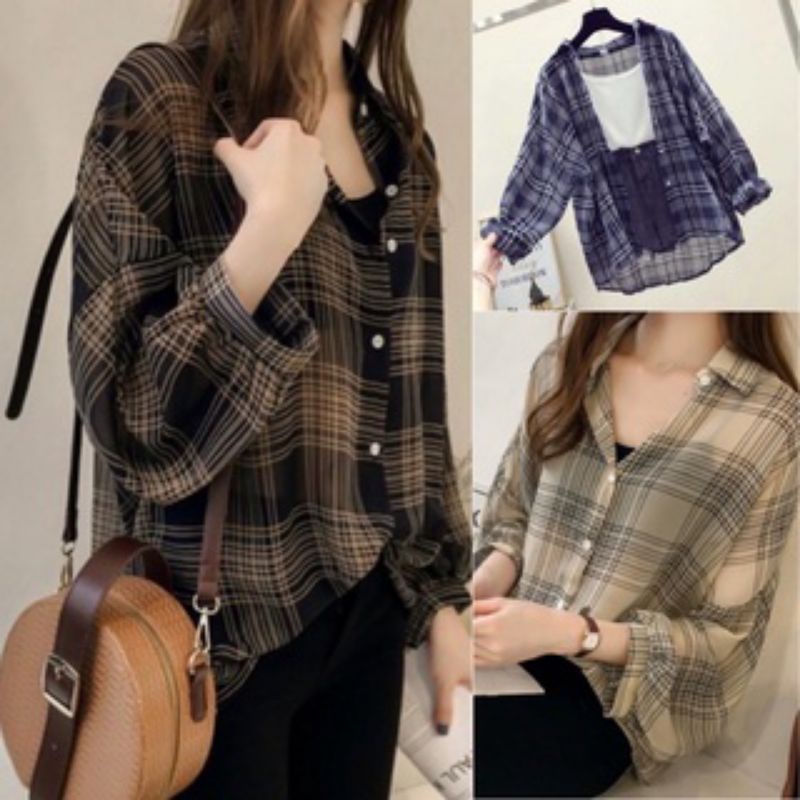 BAJU ATASAN KEMEJA WANITA JUMBO OVERSIZE LD 100cm XL KOTAK KOTAK GUILEN KOREAN STYLE FASHION KOREA B