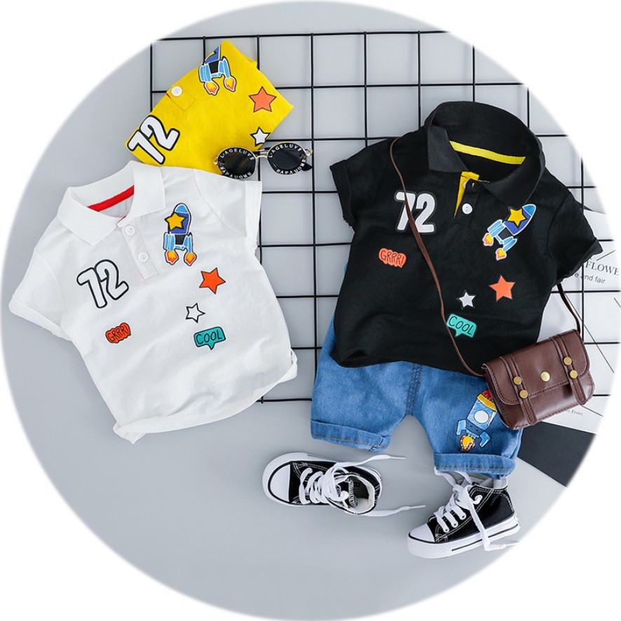 Setelan polo shirt /baju setelan anak /pakaian anak kerah polos dan celana bayi anak motif roket