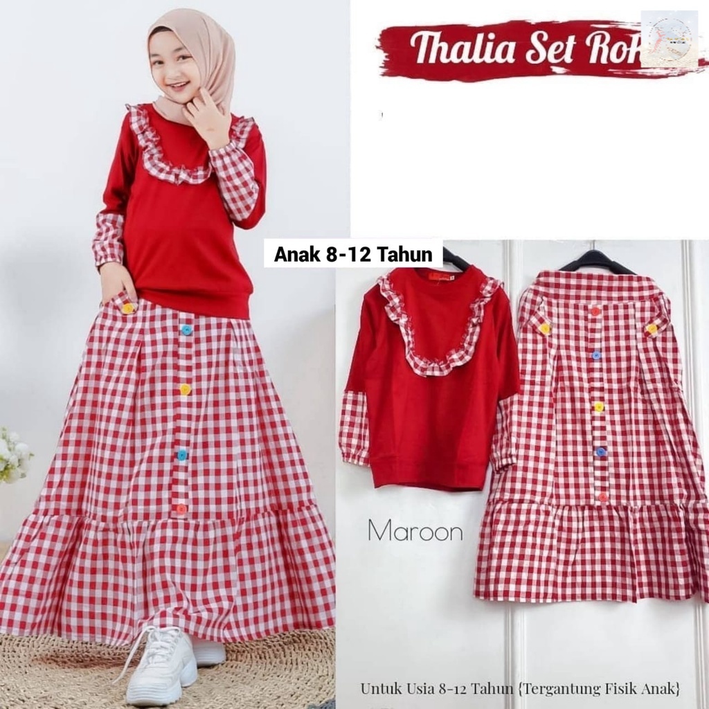 PROMO - Thalia One Set Kids Baju Setelan Anak Perempuan Muslim Atasan + Rok Matt Katun Kotak Combi P