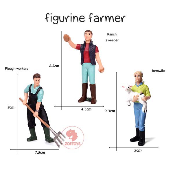 Zoetoys Figurine Farmer 3pcs | Character Miniatur Model Figure Petani untuk diorama | Down on the Farm Animal Toy Mini People