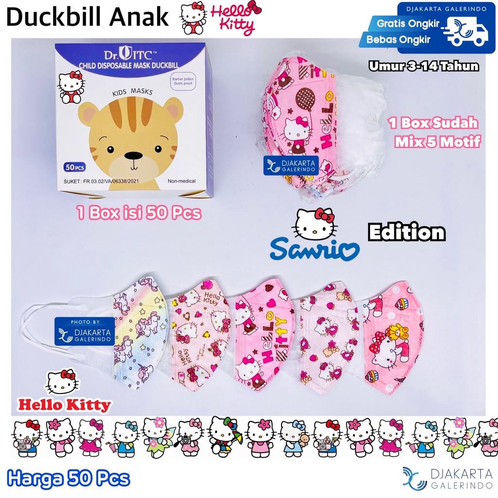 Masker Duckbill Anak Hello Kitty Sanrio Original Mix Motif isi 50Pcs