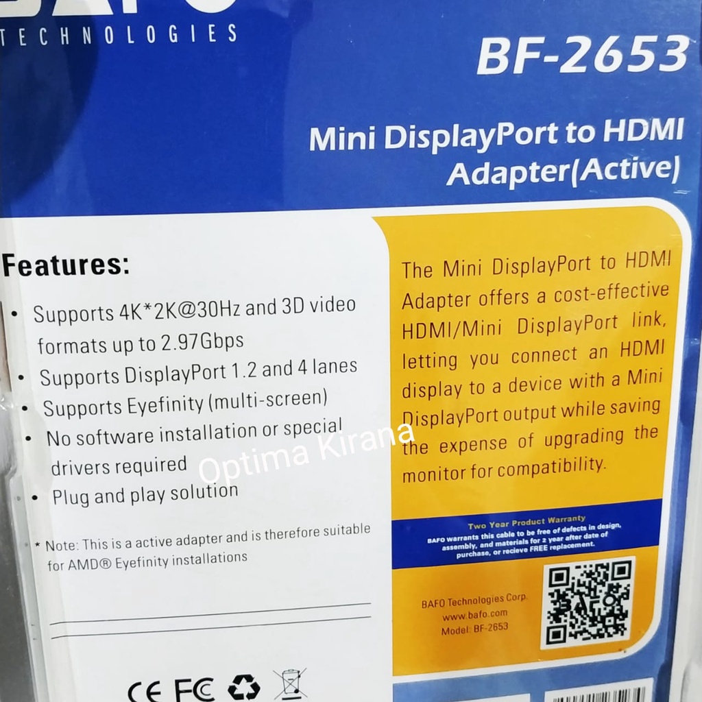 Bafo BF-2653 Mini DP to HDMI Active 4Kx2K 3D Aktif Converter Kabel ThunderBolt Mac