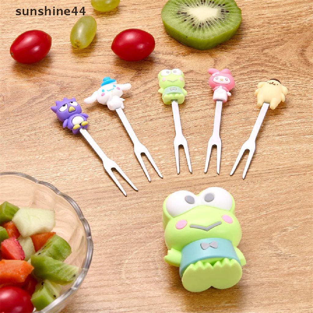 Sunshine 5Pcs / Set Garpu Buah / Dessert Desain Kartun Lucu Bahan Stainless Steel Dengan Holder