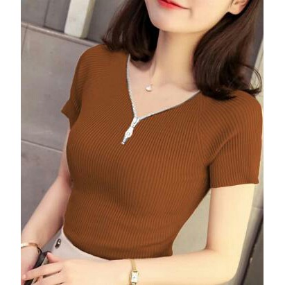 HOPYLOVY Blouse V Sleting Lengan Rajut