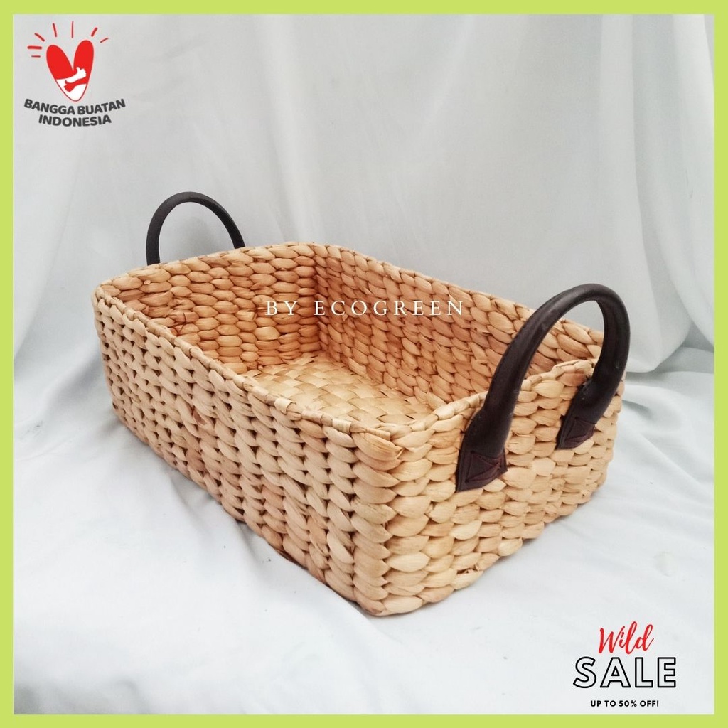 Tray kotak anyaman enceng gondok naturalan Handmade Handle Kulit