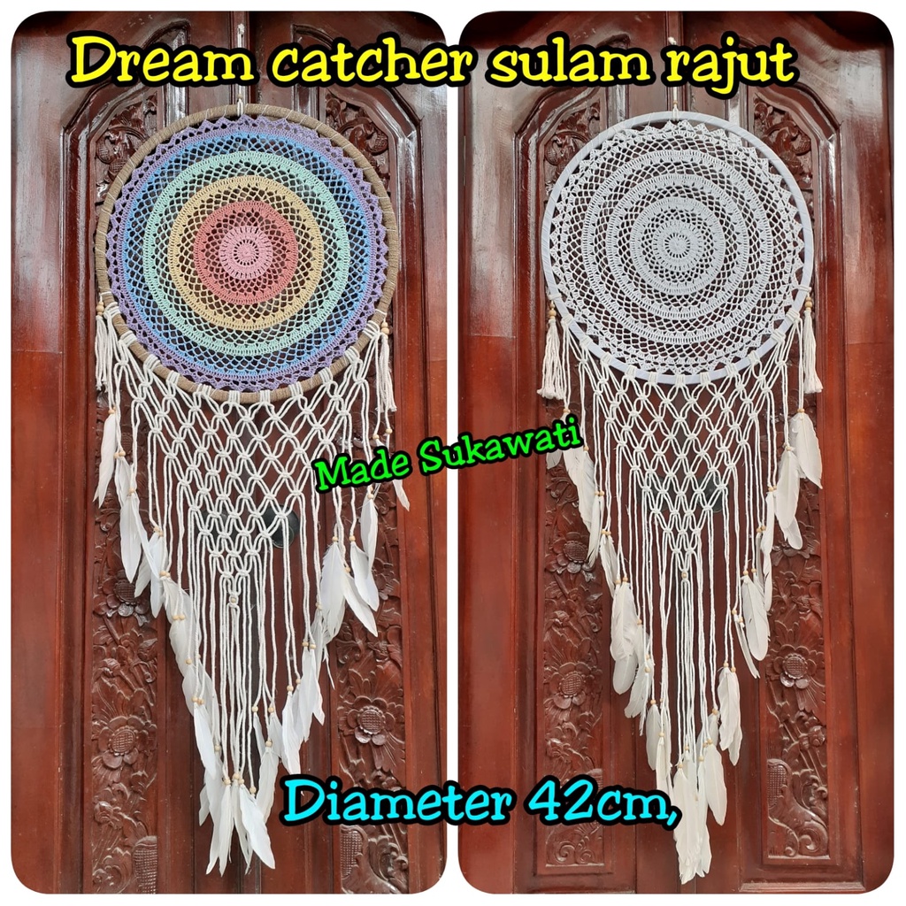 Dream catcher sulam jaring pelangi diameter 42cm panjang 128cm dekorasi hiasan rumah bulu ayam