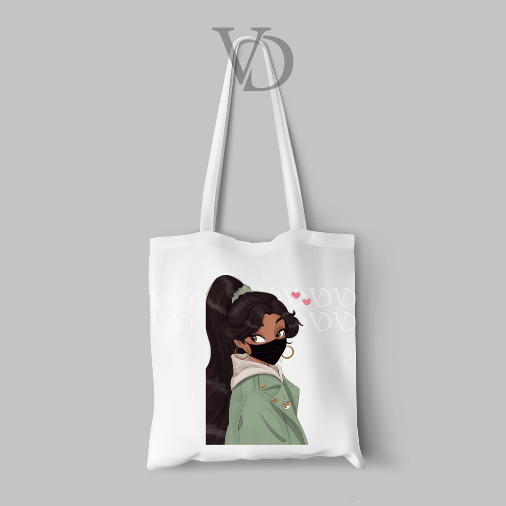 tote bag canvas disney wear mask / tas disney cute / totebag frozen elsa cinderella belle