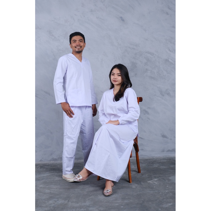 Baju Jaga Ok Oka White Series Premium Drill | Baju Ok Rok Putih Medical Scrub