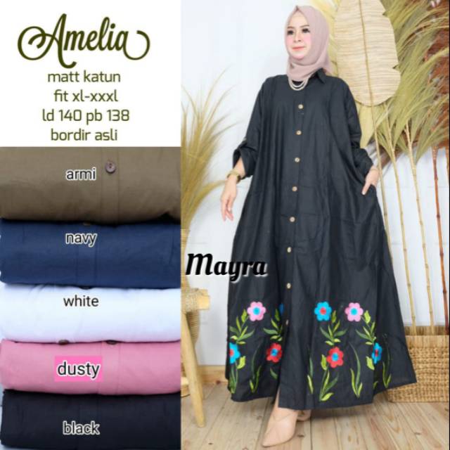 GAMIS SUPER JUMBO LD 140 CM PB 138 CM AMELIA DRESS BY MAYRA BAHAN KATUN APLIKASI BORDIR ORI MOTIF BU