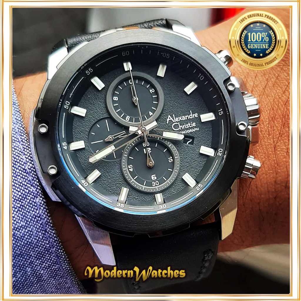 Jam Tangan Ori Pria Alexandre Christie AC 6583 Black Silver Hitam Terbaru Alexander Sport Tali Kulit