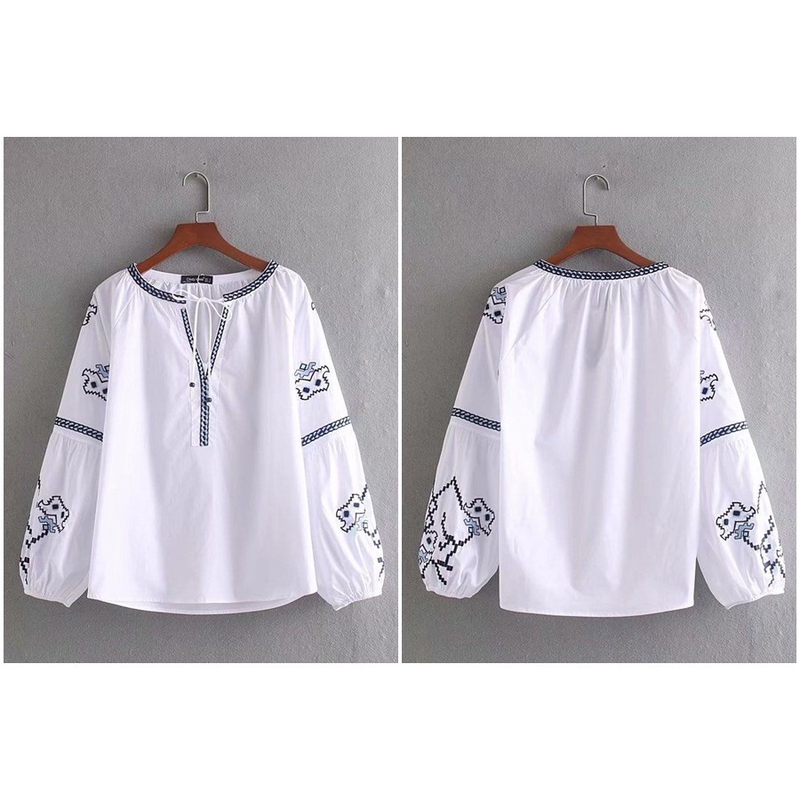 [baju wanita korea]  Baju Atasan Boho Bohemian Wanita Blouse Bordir Korea Import Putih