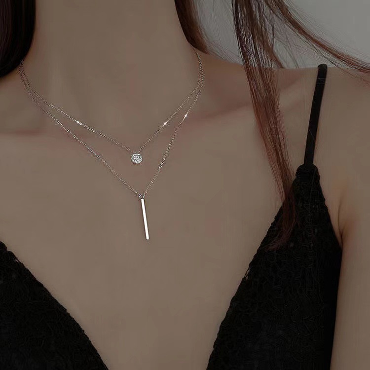 Kalung Choker Rantai 925 Silver Double Layer Dengan Liontin Zircon Bulat Untuk Wanita