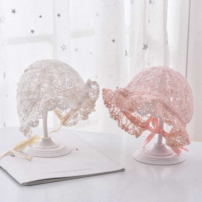 Topi Bayi Perempuan Bahan Lace Breathable Aksen Bunga Untuk Musim Panas/Properti Fotografi-1