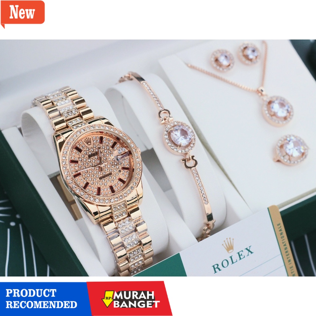 Jam analog wanita terbaik- PROMO JAM TANGAN RL0X WANITA GIFT SET KALUNG ANTING CINCIN DAN GELANG JAM