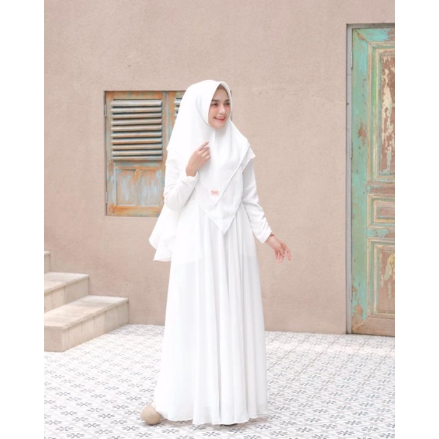 Gamis Set Hijab Jumbo Ld 120 130 140 Baju Gamis Dress Muslim Wanita Remaja Murah MAYRA SYARI + KHIMAR-White