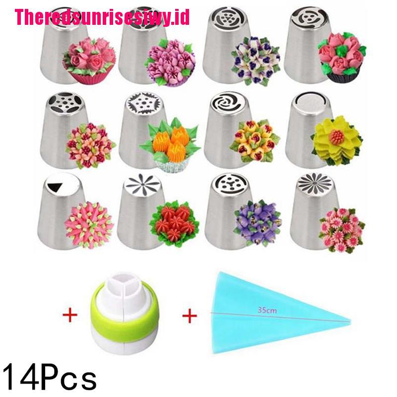 14pcs / Set Alat Nozzle Icing Piping Bentuk Tulip Rusia Bahan Stainless Steel Untuk Dekorasi Kue