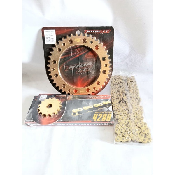 Gear set Honda CRF150 Model SSS dari UK 44 45 46 47 48 49 53 55 gir depan warna gold juga ,rantai Ride it